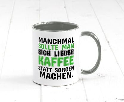Kaffee statt sorgen lustiger Spruch Geschenk Humor Geschenkidee Tasse