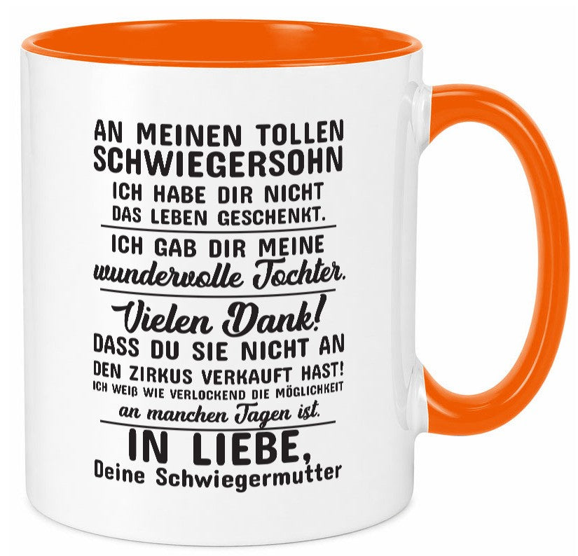 An meinen tollen Schwiegersohn lustiger Spruch Geschenk Familie Geschenkidee Tasse