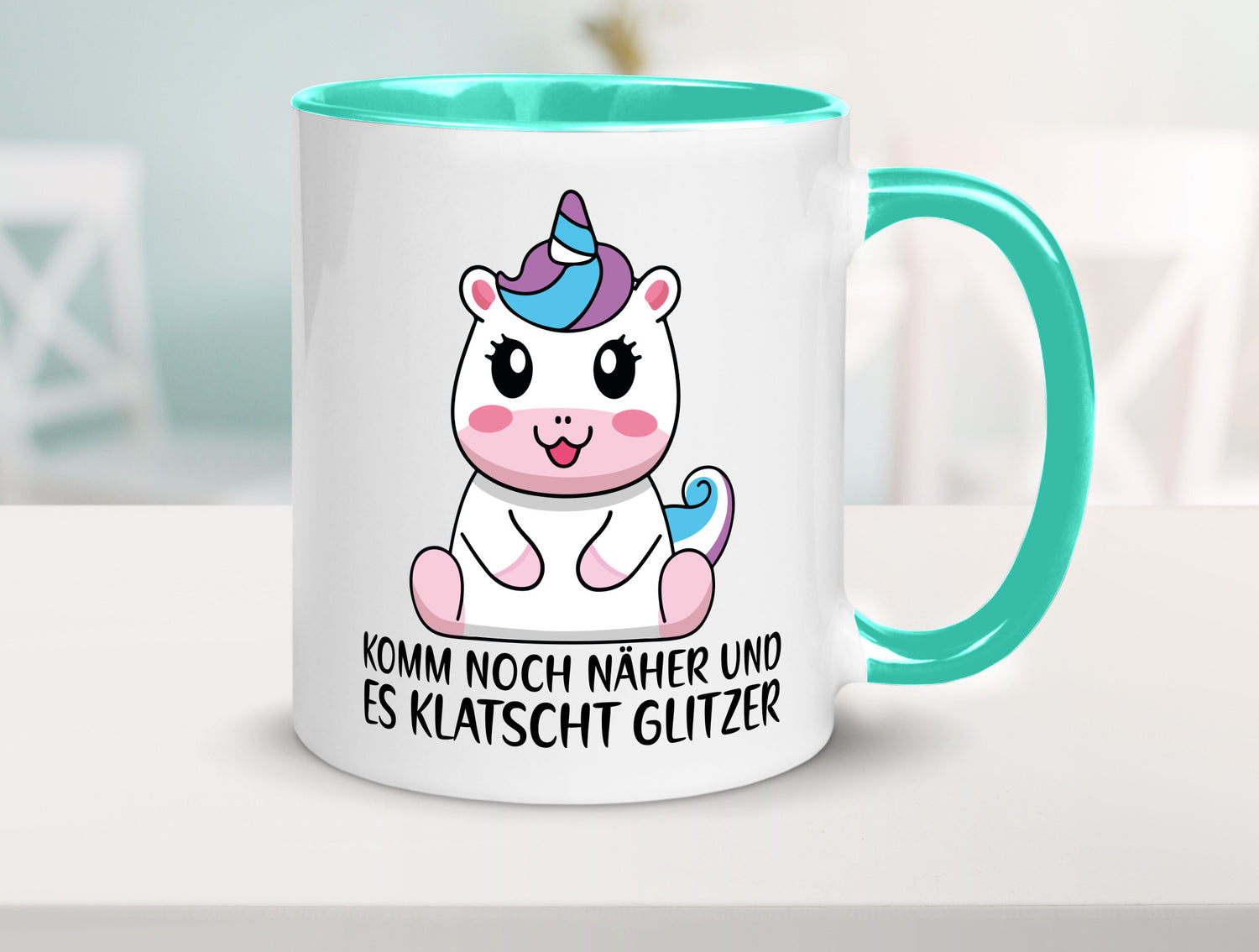 Komm näher und es klatscht Glitzer | Humor Einhorn Geschenkidee Tasse