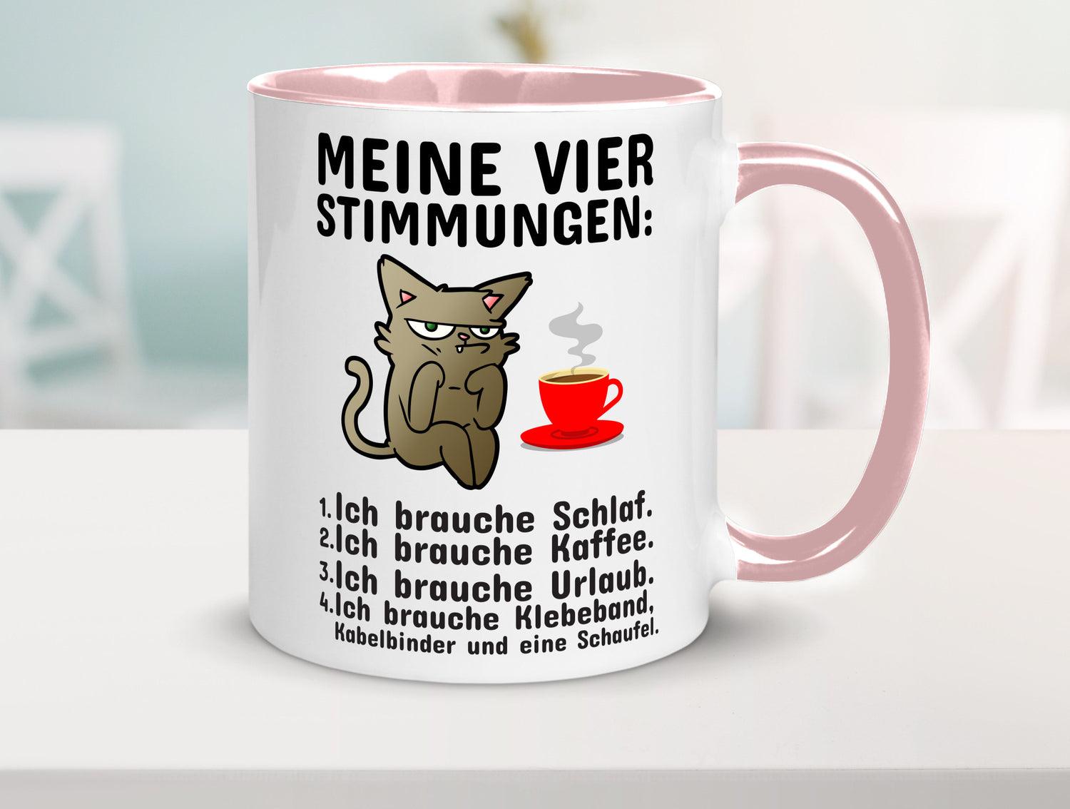 Vier Stimmungen | Morgenmuffel Tasse mürrische Katze Humor Tierliebhaber