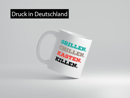 Grillen Chillen Kasten Killen | Bier Bierliebhaber Humor Geschenkidee Tasse