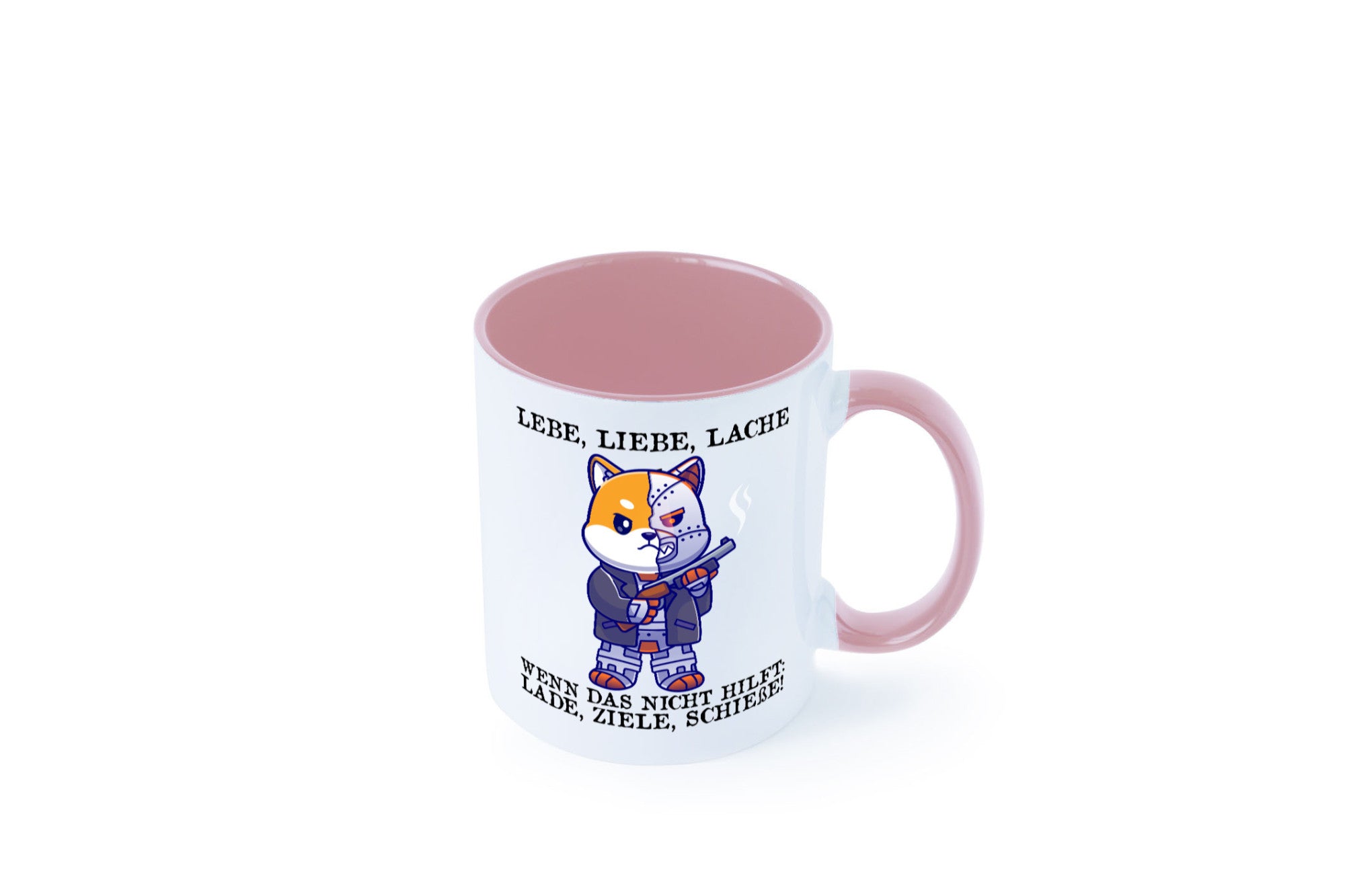 Lebe Liebe Lache | Sarkasmus Katze mit Gewehr Comic Geschenk Tierliebhaber