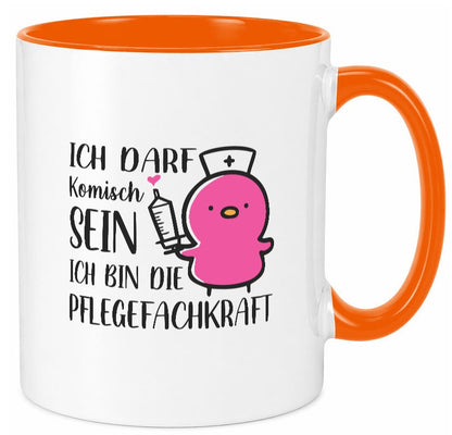 Darf komisch sein, bin Pflegekraft | Küken Spritze lustiger Spruch Geschenk Tasse