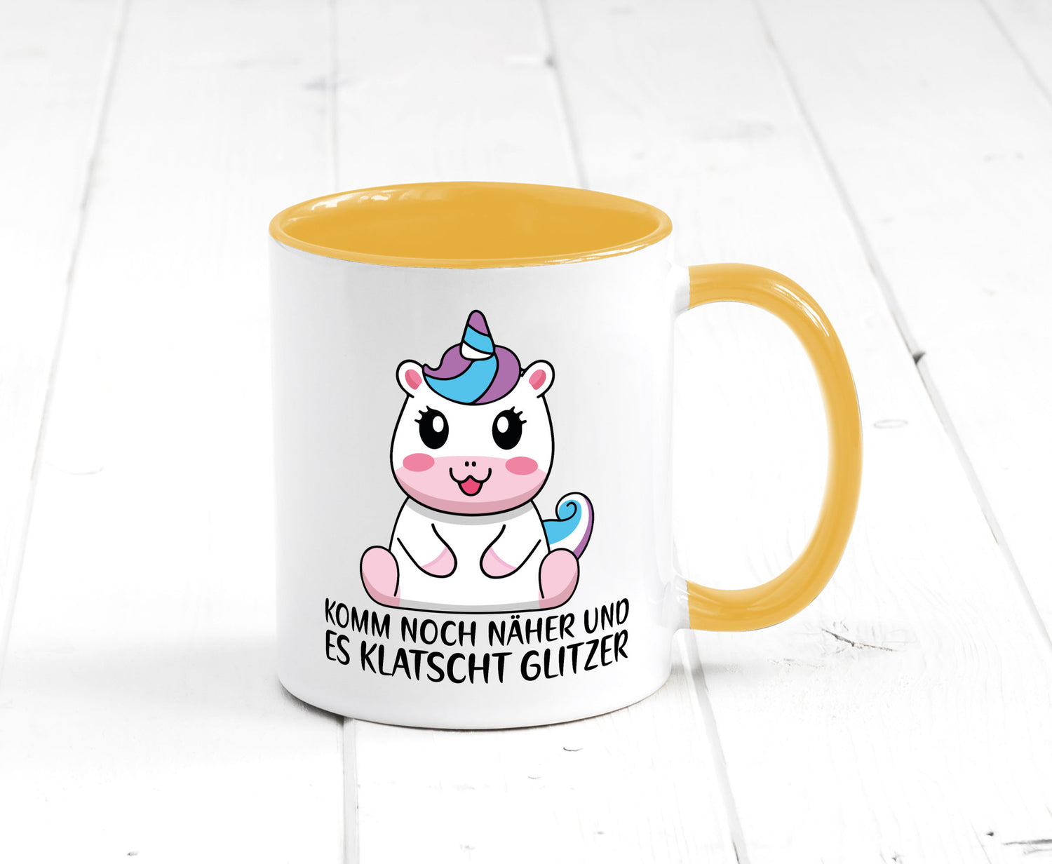 Komm näher und es klatscht Glitzer | Humor Einhorn Geschenkidee Tasse
