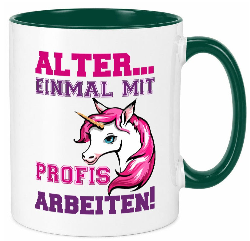 Mit Profis arbeiten | grimmiges Einhorn witzige Tasse Humor Arbeit Kollegen
