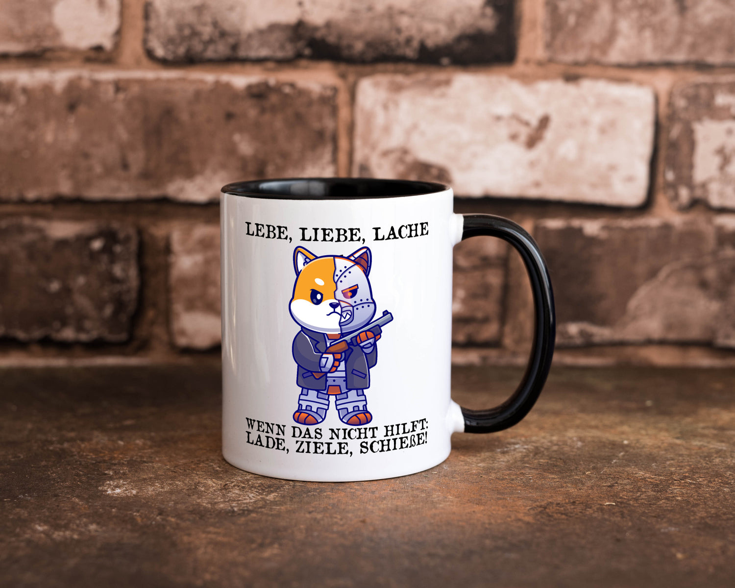 Lebe Liebe Lache | Sarkasmus Katze mit Gewehr Comic Geschenk Tierliebhaber