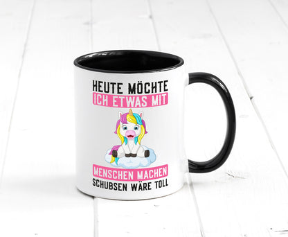 Mit Menschen machen | Schubsen Einhorn Nerv mich ned lustig Humor Geschenkidee Tasse