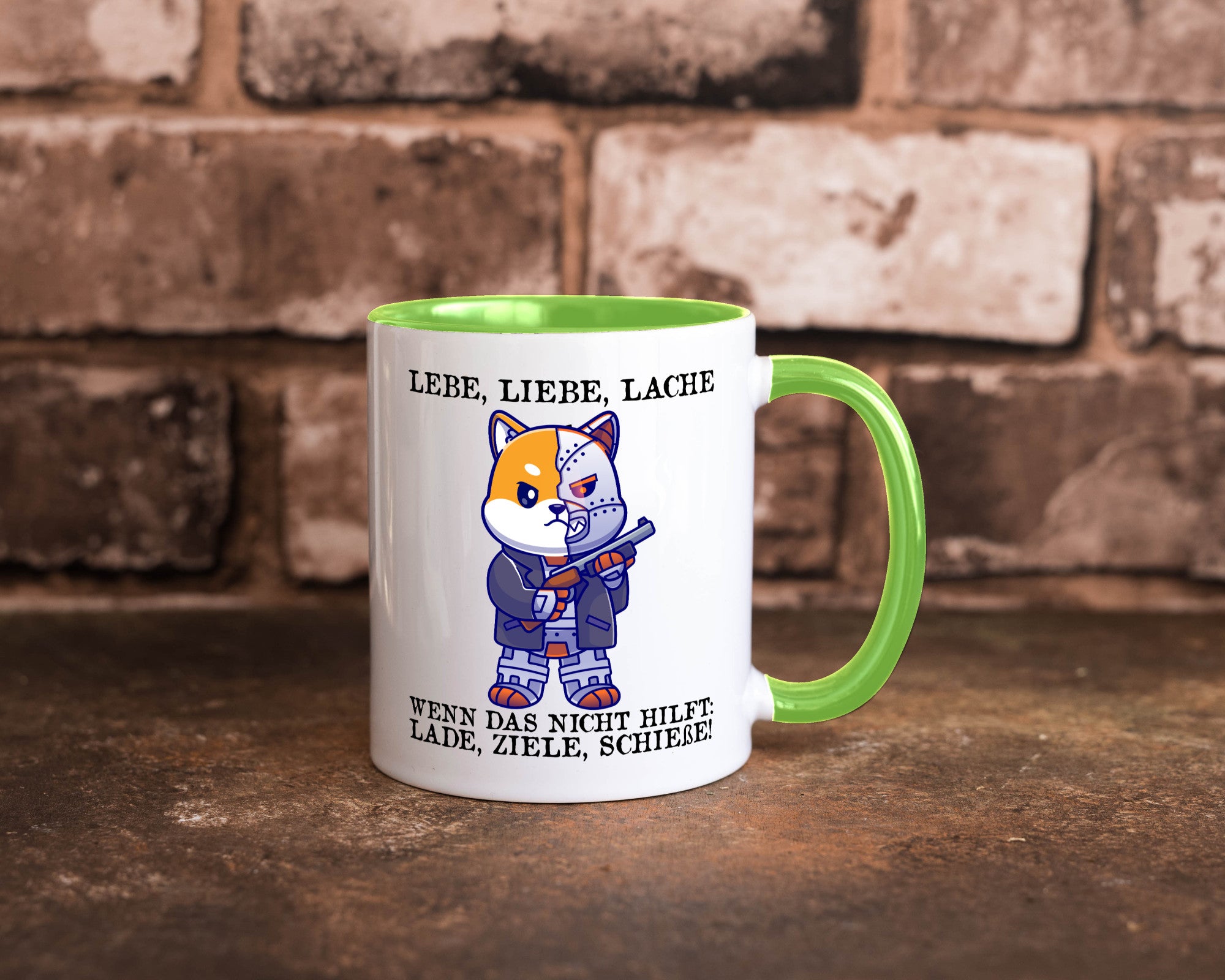 Lebe Liebe Lache | Sarkasmus Katze mit Gewehr Comic Geschenk Tierliebhaber