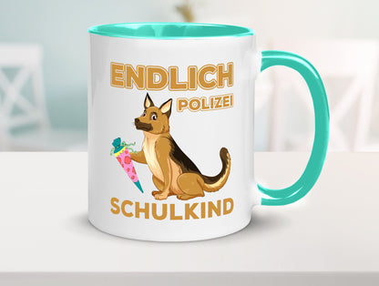 Endlich Schulkind | Tasse Einschulung Polizei Hund lustiger Spruch Geschenk