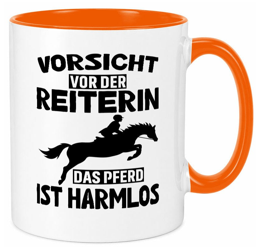 Vorsicht vor der Reiterin das Pferd ist Harmlos lustig Humor Geschenkidee Tasse