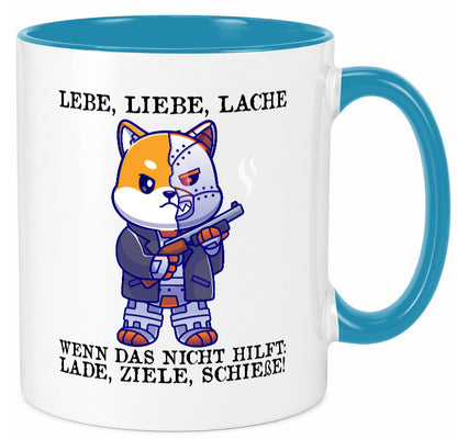 Lebe Liebe Lache | Sarkasmus Katze mit Gewehr Comic Geschenk Tierliebhaber