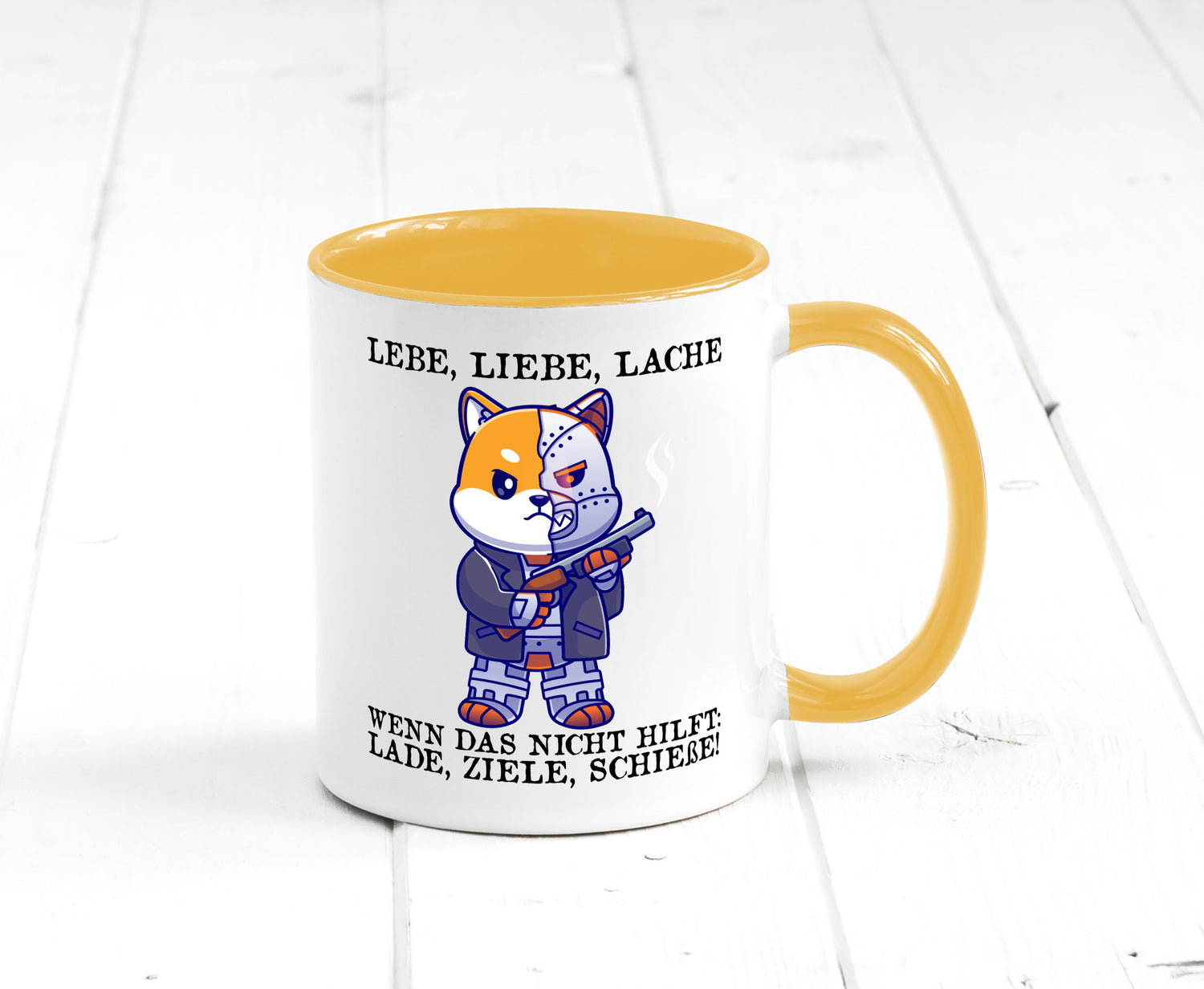 Lebe Liebe Lache | Sarkasmus Katze mit Gewehr Comic Geschenk Tierliebhaber