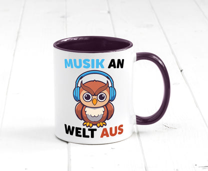 Musik an Welt aus | Eule hört lustiger Spruch Geschenk Humor Geschenkidee Tasse