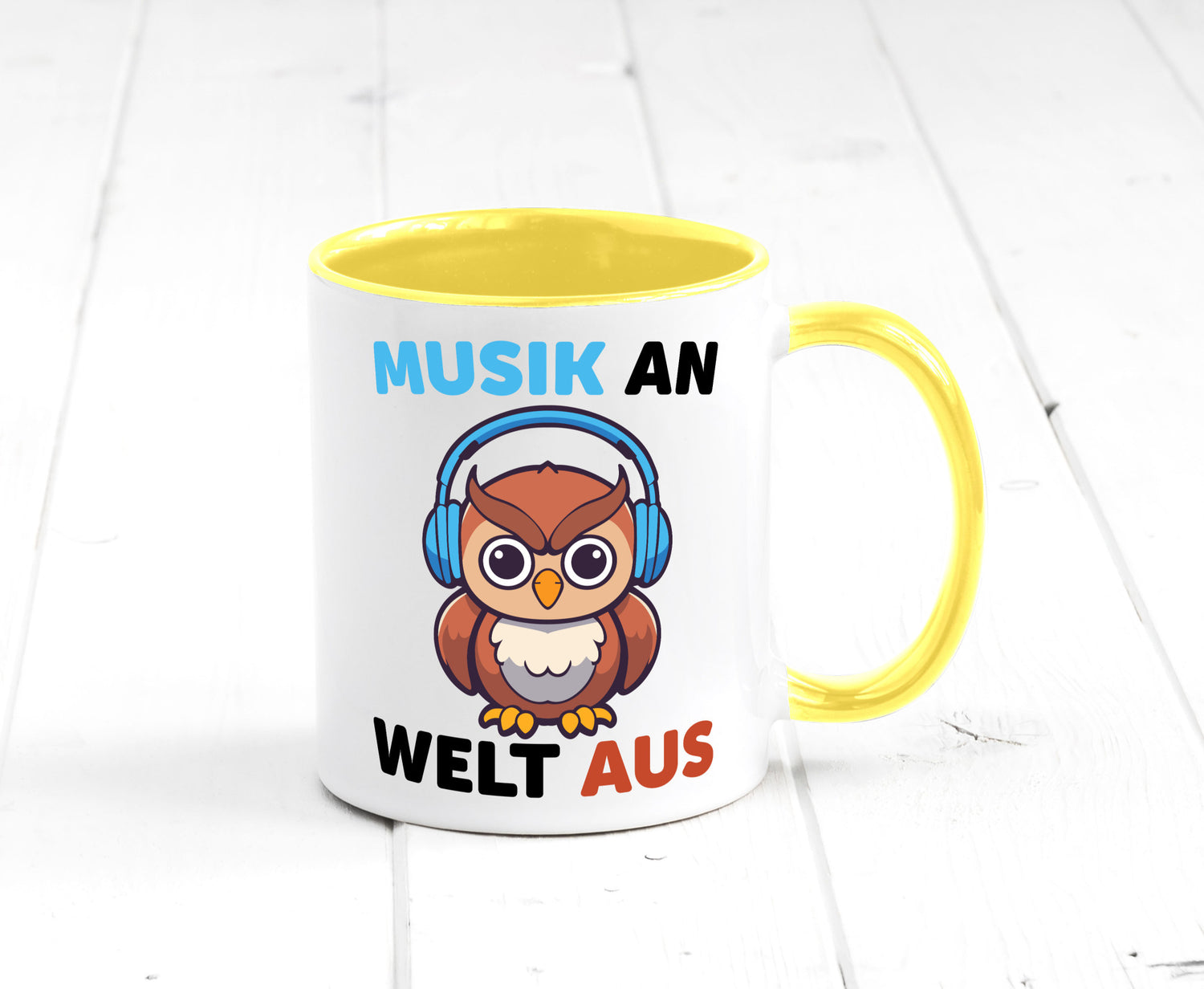 Musik an Welt aus | Eule hört lustiger Spruch Geschenk Humor Geschenkidee Tasse