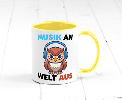 Musik an Welt aus | Eule hört lustiger Spruch Geschenk Humor Geschenkidee Tasse