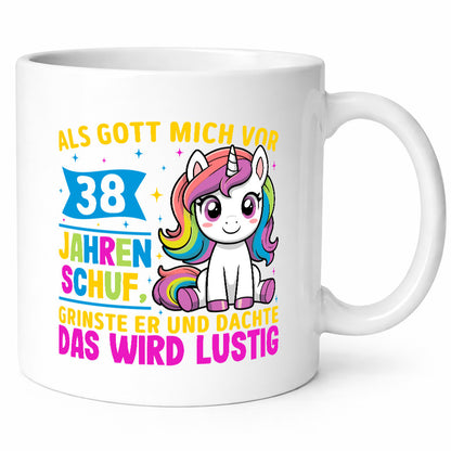 38. Geburtstag | Als Gott mich schuf 40 Jahre v2 Humor Geschenkidee Tasse