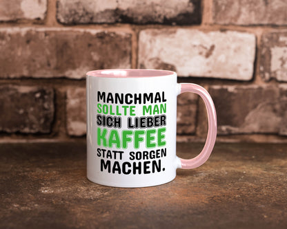 Kaffee statt sorgen lustiger Spruch Geschenk Humor Geschenkidee Tasse