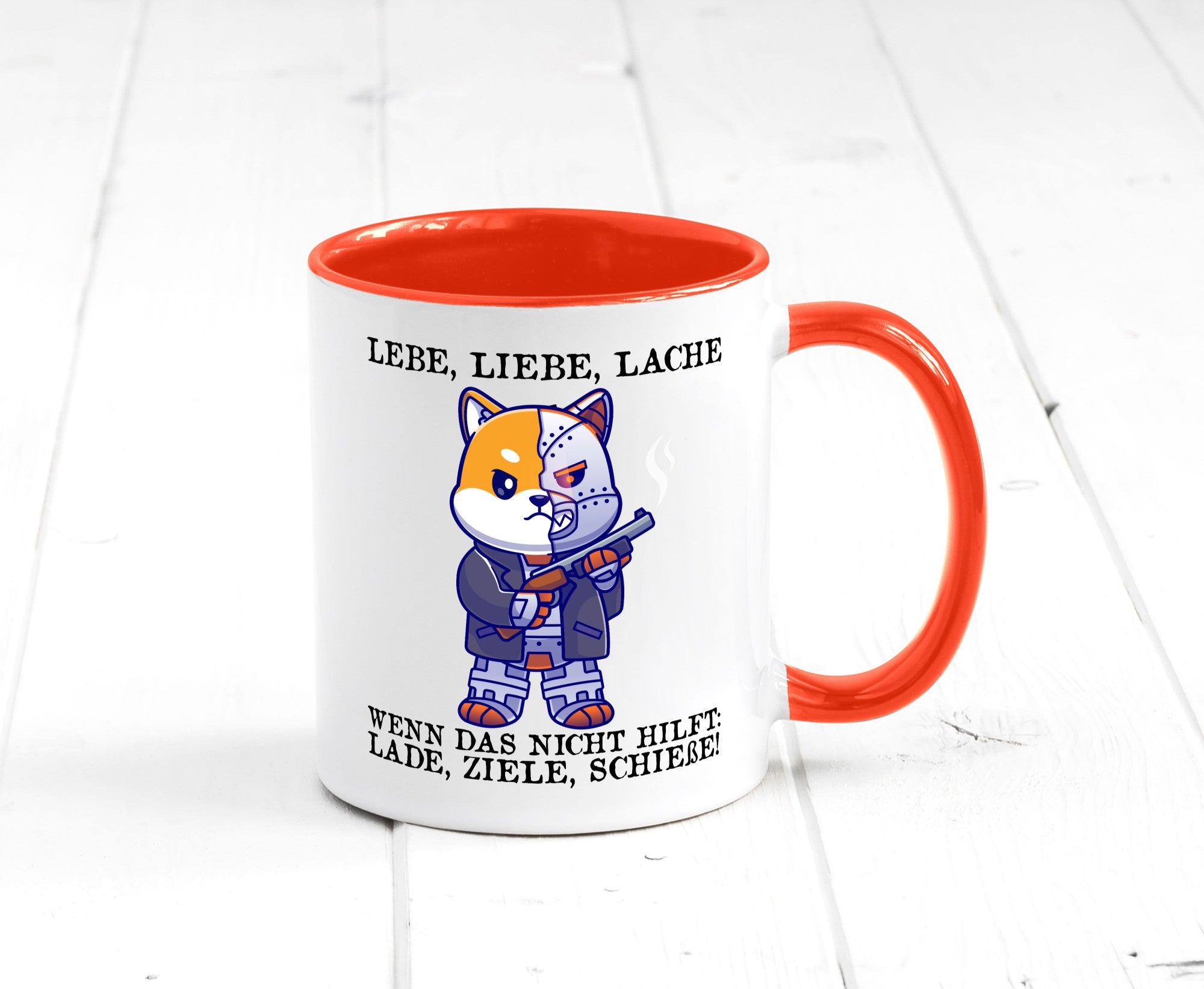 Lebe Liebe Lache | Sarkasmus Katze mit Gewehr Comic Geschenk Tierliebhaber
