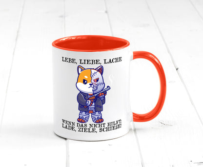 Lebe Liebe Lache | Sarkasmus Katze mit Gewehr Comic Geschenk Tierliebhaber