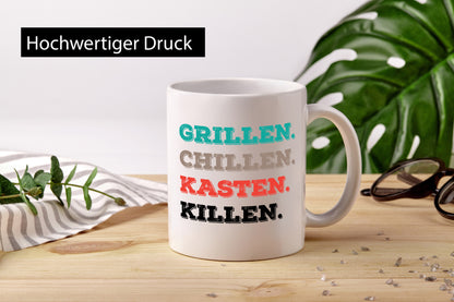 Grillen Chillen Kasten Killen | Bier Bierliebhaber Humor Geschenkidee Tasse