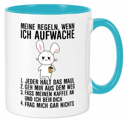 Regeln wenn ich aufwache | Morgenmuffel Hase Kaffee Geschenk Humor Geschenkidee Tasse