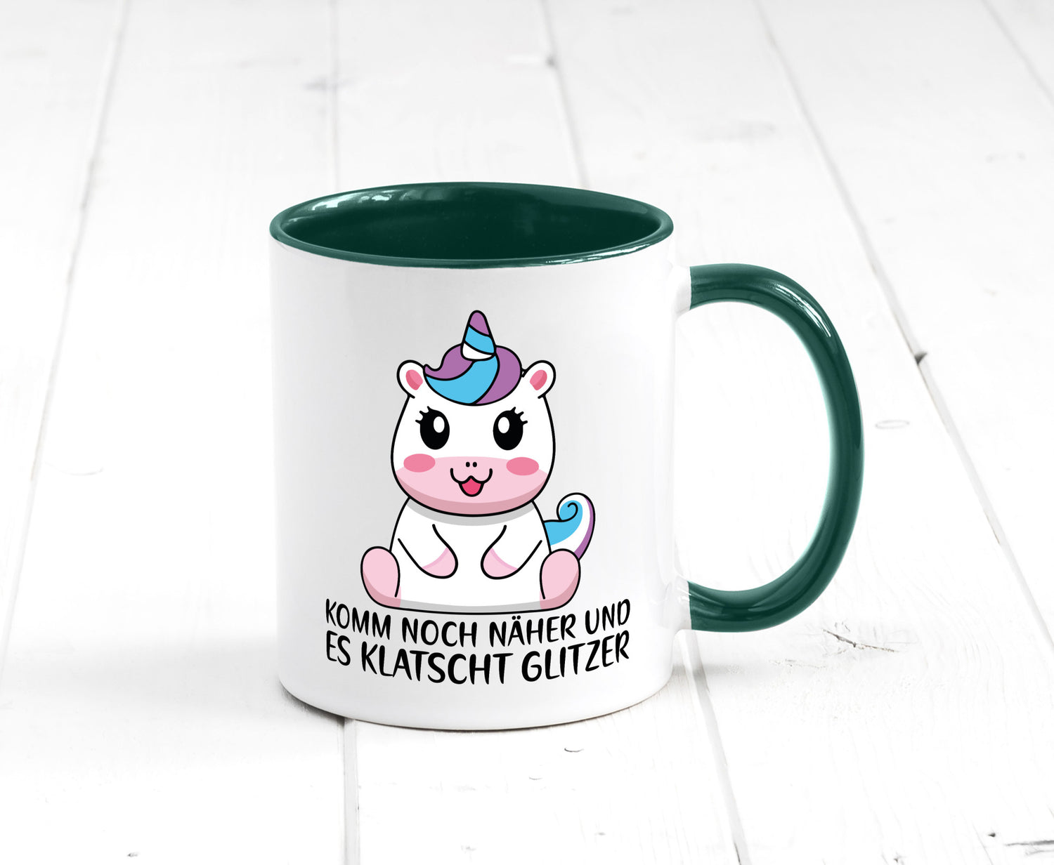 Komm näher und es klatscht Glitzer | Humor Einhorn Geschenkidee Tasse