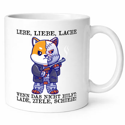 Lebe Liebe Lache | Sarkasmus Katze mit Gewehr Comic Geschenk Tierliebhaber