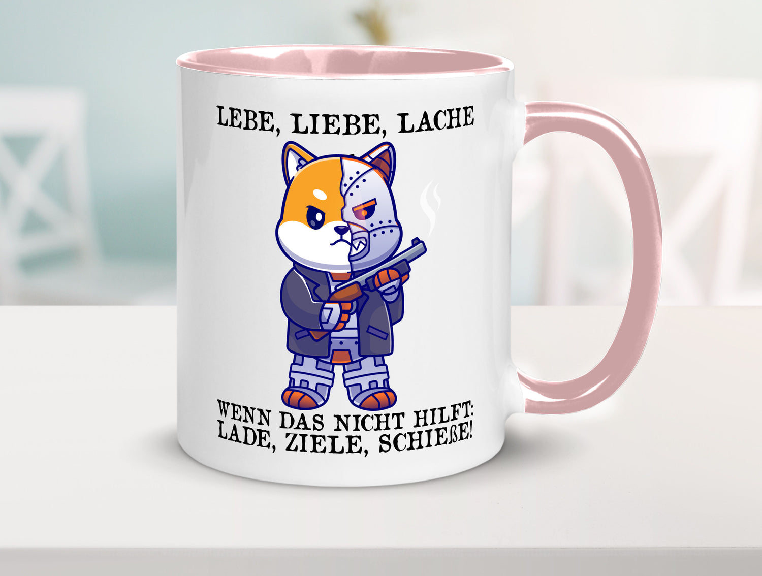 Lebe Liebe Lache | Sarkasmus Katze mit Gewehr Comic Geschenk Tierliebhaber