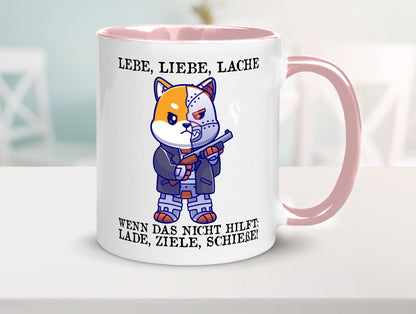 Lebe Liebe Lache | Sarkasmus Katze mit Gewehr Comic Geschenk Tierliebhaber