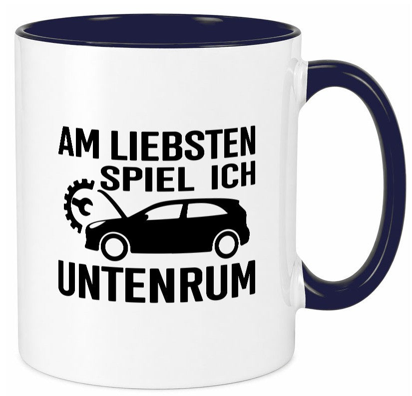 Am liebsten spiele ich unten rum | Autoliebhaber Werkstatt lustiger Spruch Tasse