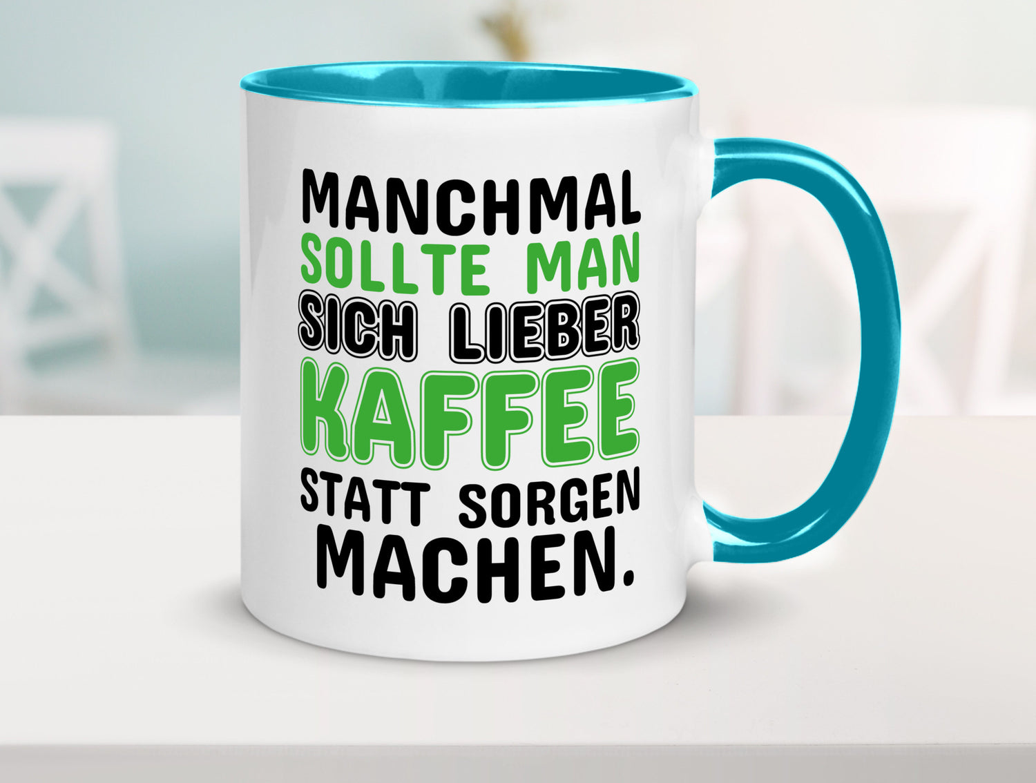 Kaffee statt sorgen lustiger Spruch Geschenk Humor Geschenkidee Tasse