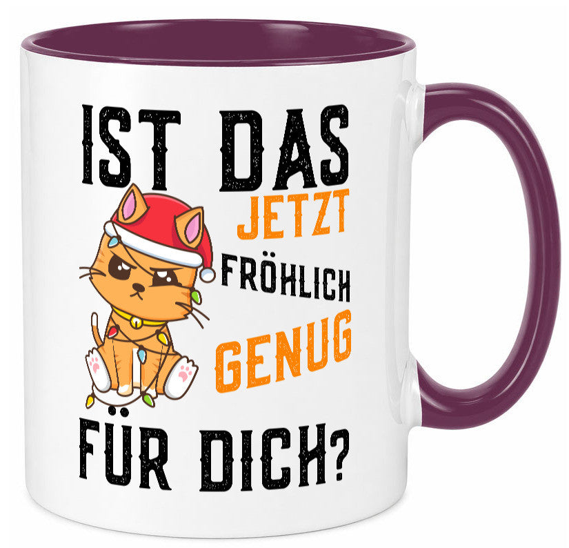 Ist das fröhlich genug | Katze Weihnachten Lichterkette Geschenk Tierliebhaber Tasse