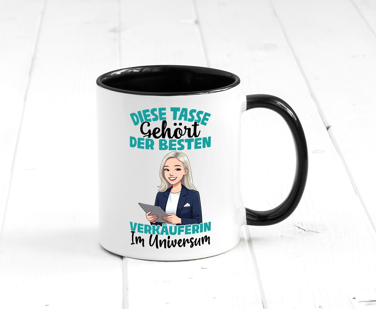 Im Universum: Verkäuferin| Kollegin | Verkaufsjob lustiger Spruch Geschenk Tasse