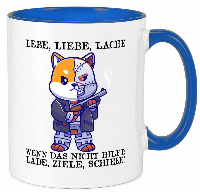 Lebe Liebe Lache | Sarkasmus Katze mit Gewehr Comic Geschenk Tierliebhaber