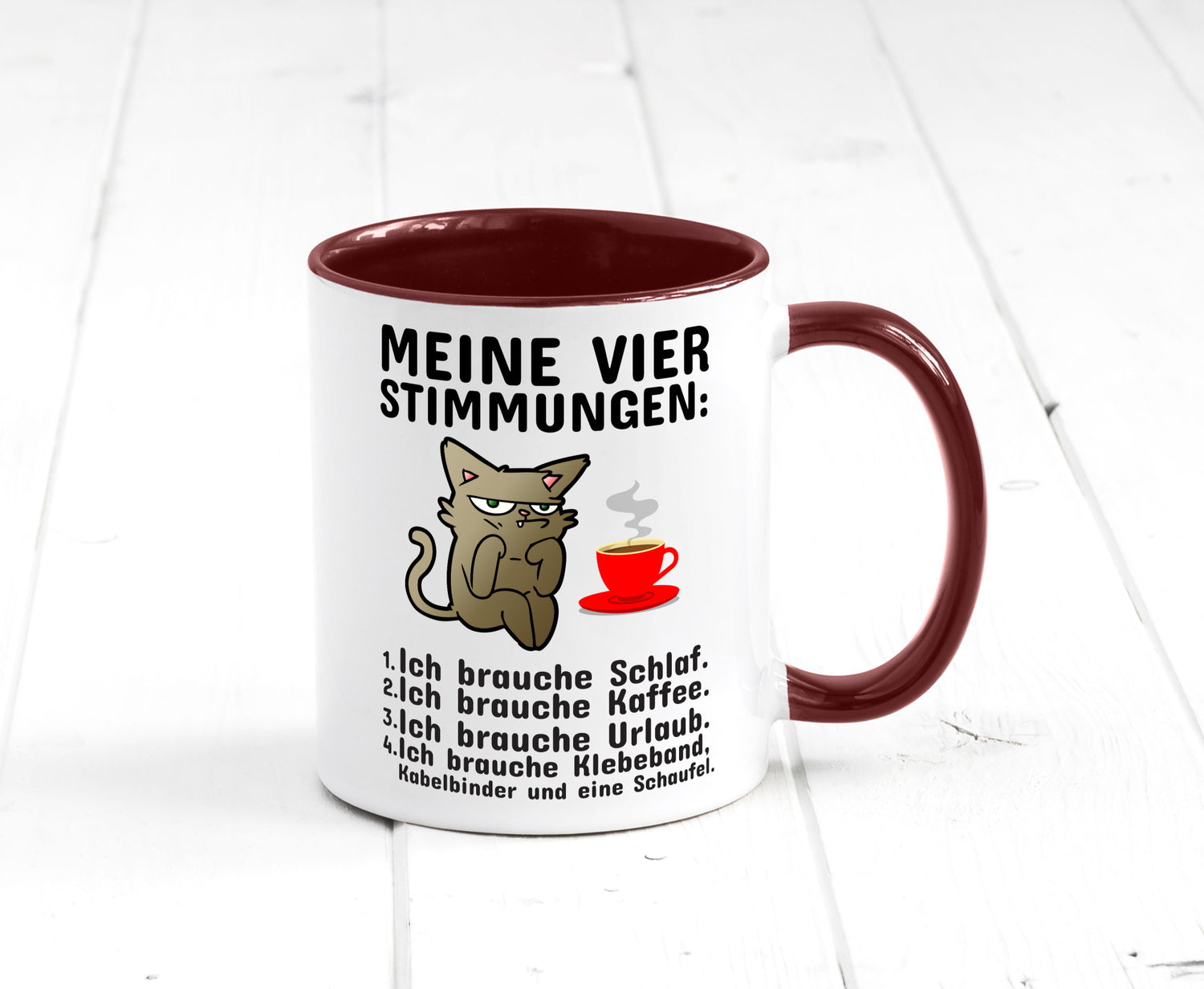 Vier Stimmungen | Morgenmuffel Tasse mürrische Katze Humor Tierliebhaber