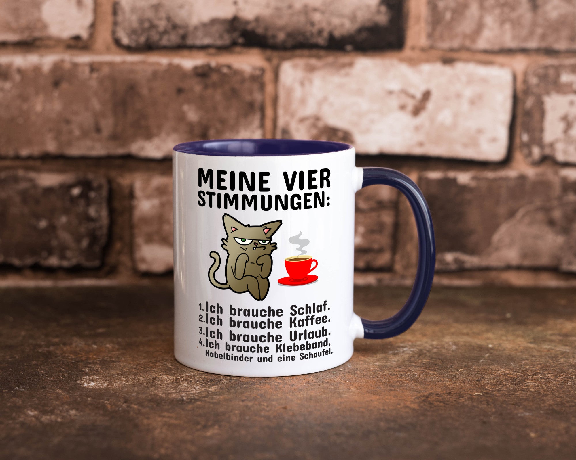 Vier Stimmungen | Morgenmuffel Tasse mürrische Katze Humor Tierliebhaber