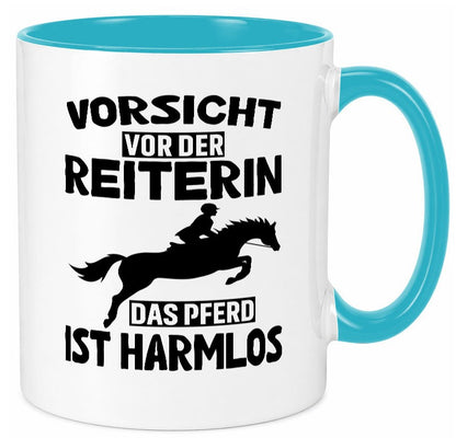 Vorsicht vor der Reiterin das Pferd ist Harmlos lustig Humor Geschenkidee Tasse