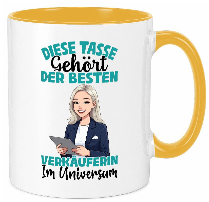 Im Universum: Verkäuferin| Kollegin | Verkaufsjob lustiger Spruch Geschenk Tasse