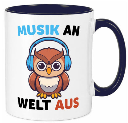 Musik an Welt aus | Eule hört lustiger Spruch Geschenk Humor Geschenkidee Tasse