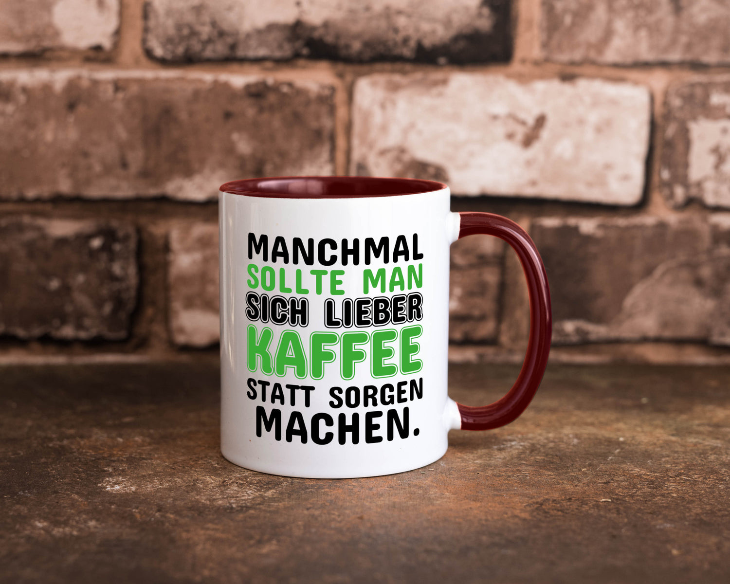 Kaffee statt sorgen lustiger Spruch Geschenk Humor Geschenkidee Tasse