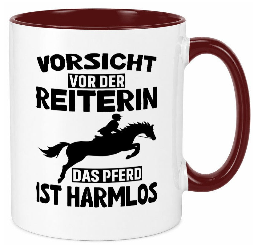 Vorsicht vor der Reiterin das Pferd ist Harmlos lustig Humor Geschenkidee Tasse