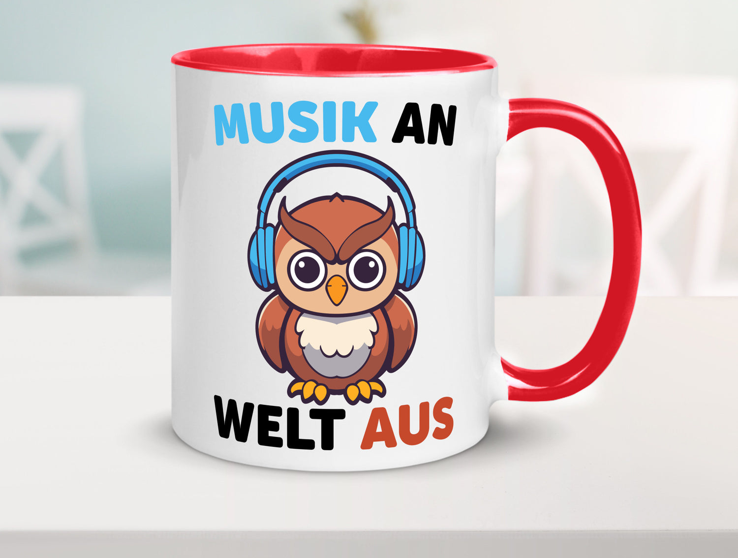 Musik an Welt aus | Eule hört lustiger Spruch Geschenk Humor Geschenkidee Tasse
