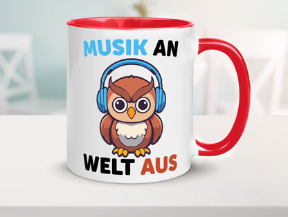 Musik an Welt aus | Eule hört lustiger Spruch Geschenk Humor Geschenkidee Tasse