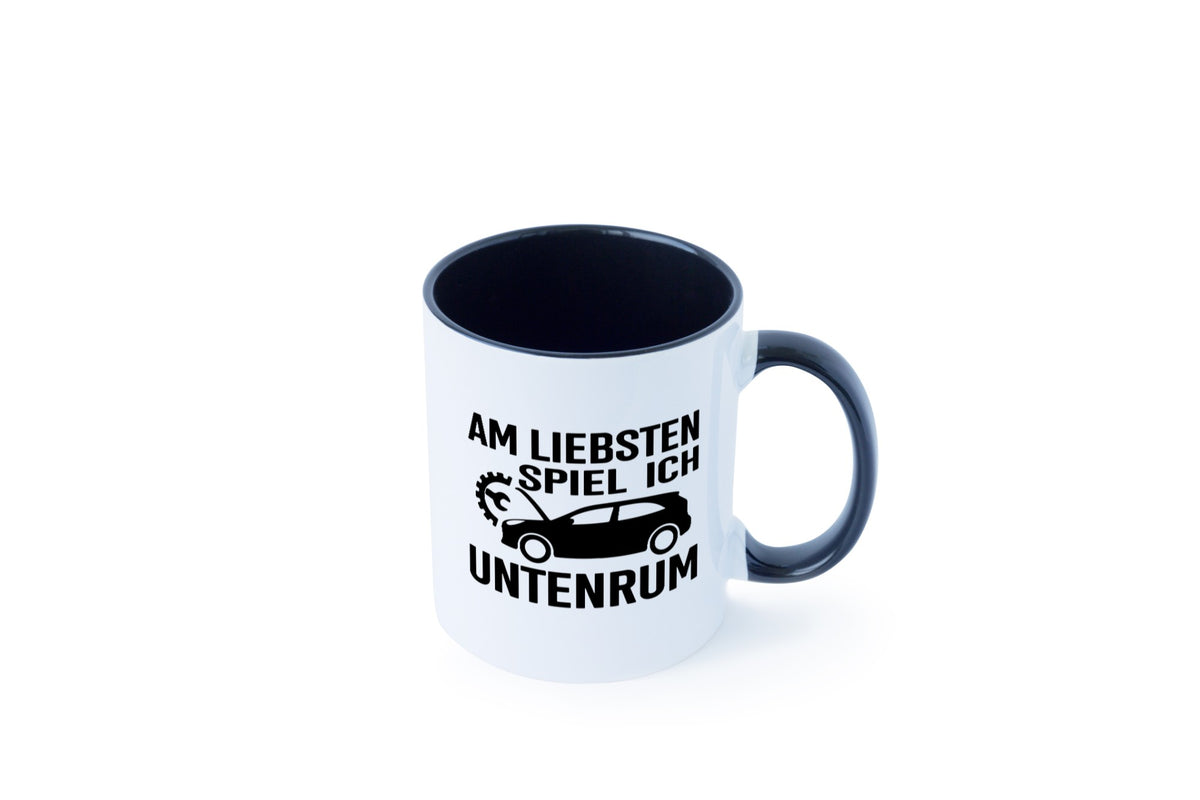 Am liebsten spiele ich unten rum | Autoliebhaber Werkstatt lustiger Spruch Tasse