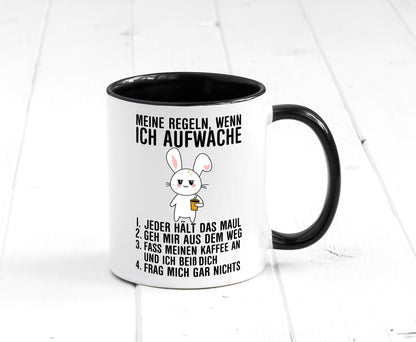 Regeln wenn ich aufwache | Morgenmuffel Hase Kaffee Geschenk Humor Geschenkidee Tasse