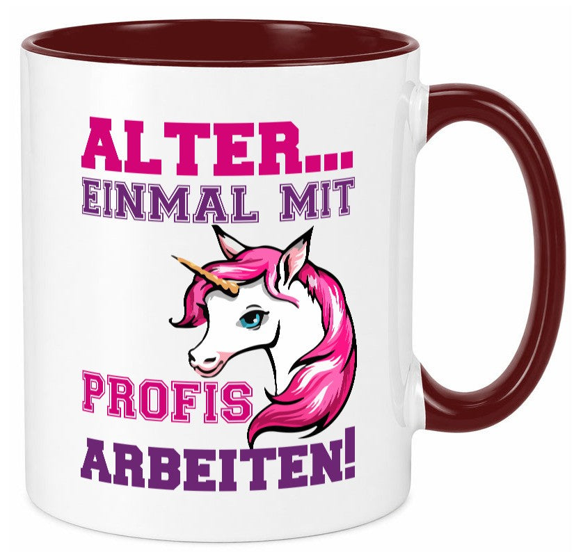 Mit Profis arbeiten | grimmiges Einhorn witzige Tasse Humor Arbeit Kollegen