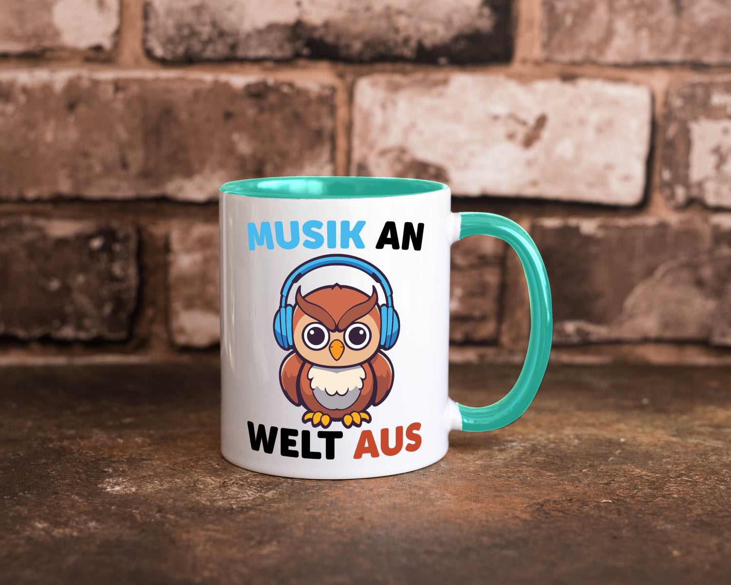 Musik an Welt aus | Eule hört lustiger Spruch Geschenk Humor Geschenkidee Tasse