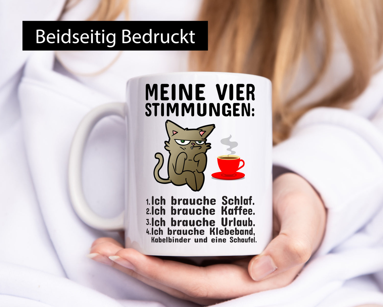 Vier Stimmungen | Morgenmuffel Tasse mürrische Katze Humor Tierliebhaber