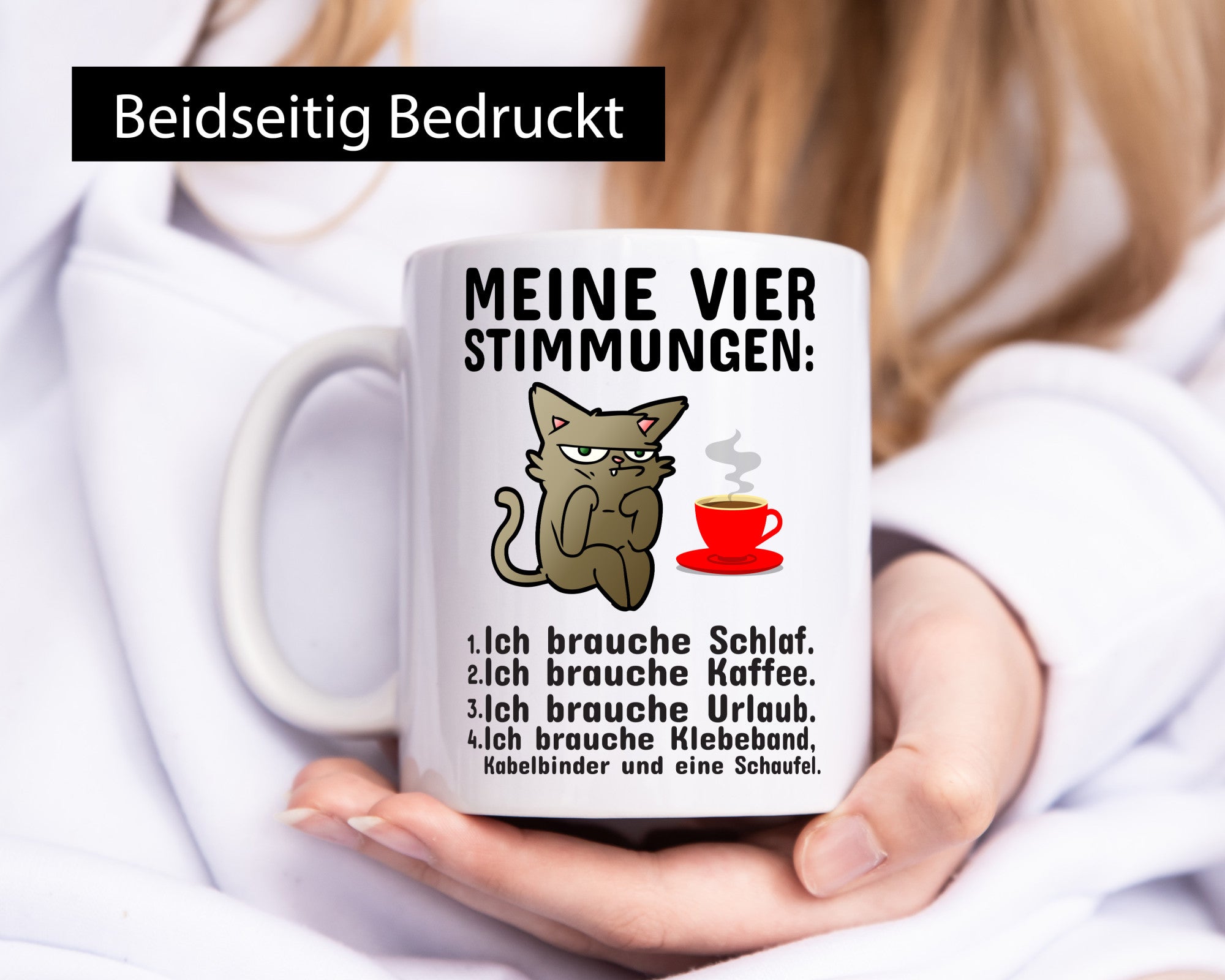 Vier Stimmungen | Morgenmuffel Tasse mürrische Katze Humor Tierliebhaber