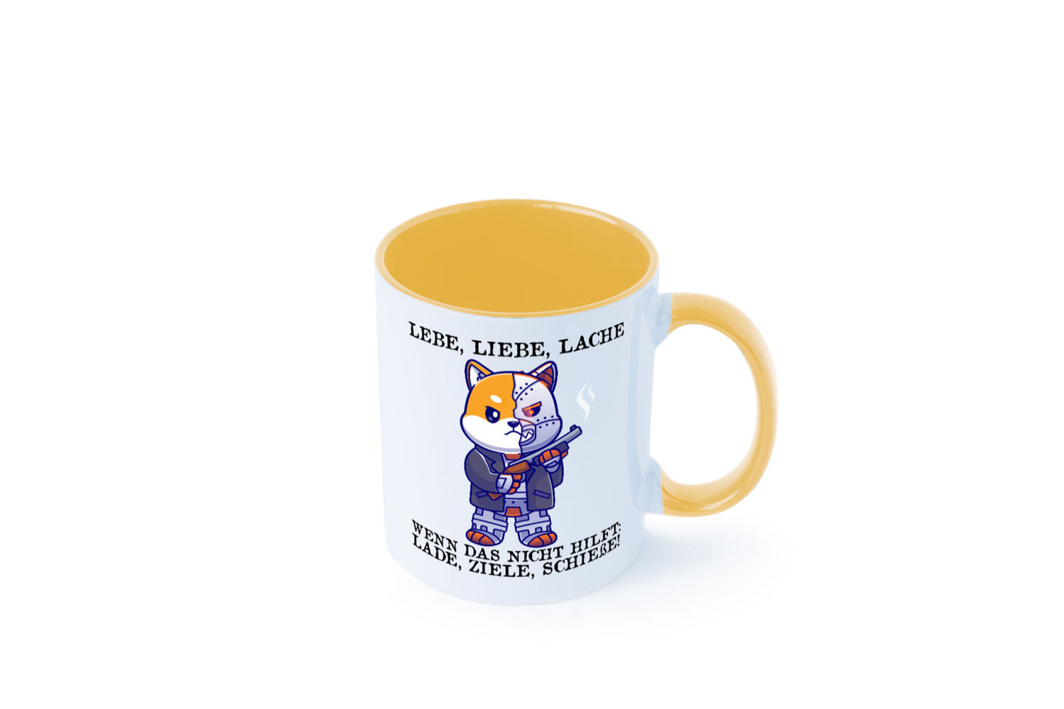 Lebe Liebe Lache | Sarkasmus Katze mit Gewehr Comic Geschenk Tierliebhaber